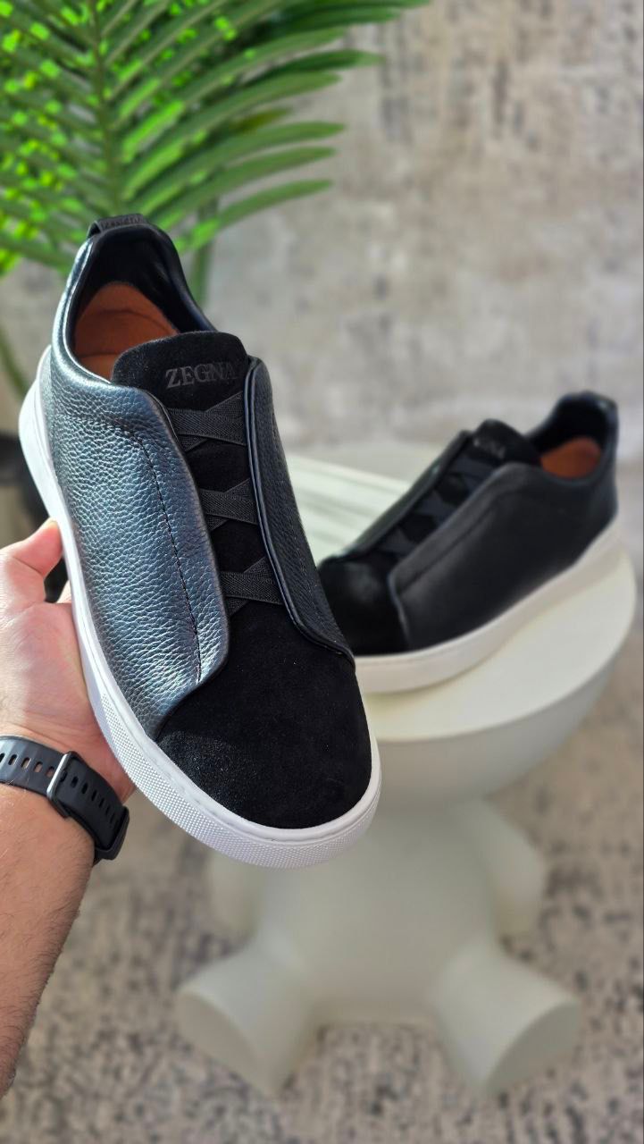 Zegna Black Leather and Suede Slip-On Sneakers