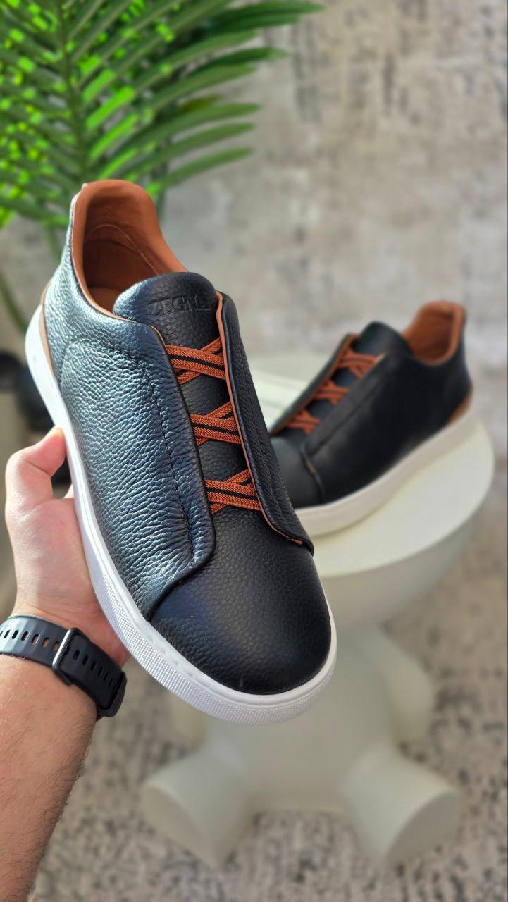 Zegna Black Leather Slip-On Sneakers